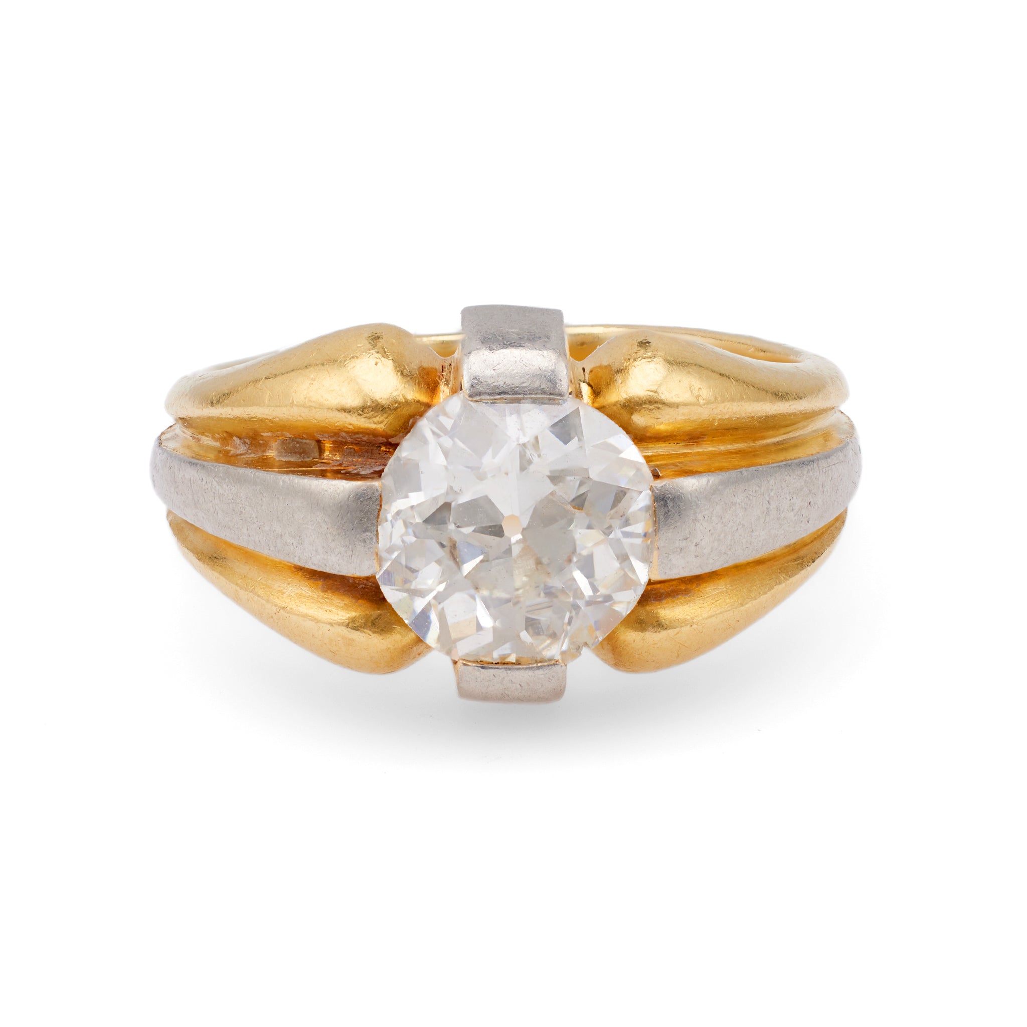 Retro French 2.00 Carat Old European Cut Diamond 18k Yellow Gold Platinum Solitaire Ring Rings Jack Weir & Sons   