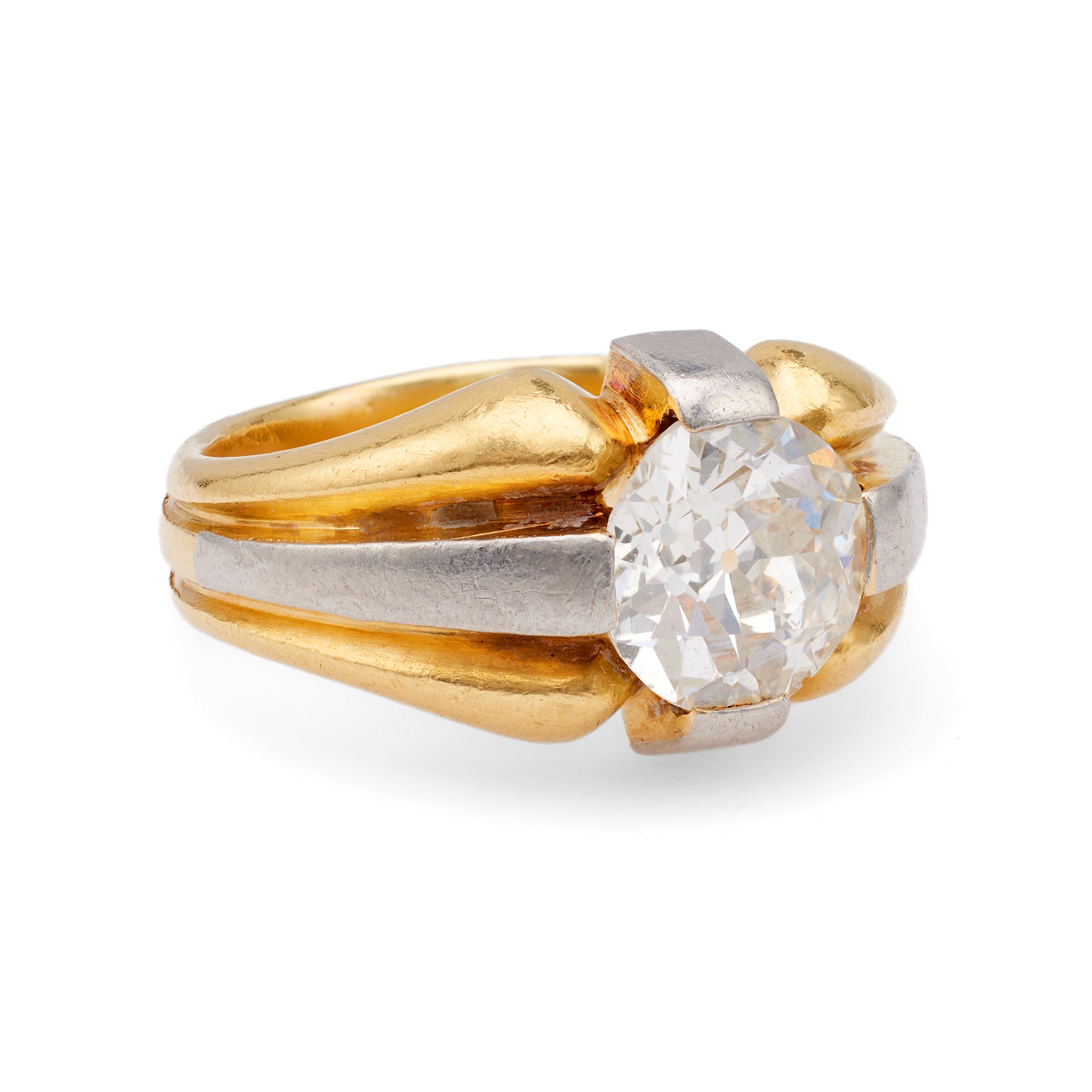 Retro French 2.00 Carat Old European Cut Diamond 18k Yellow Gold Platinum Solitaire Ring Rings Jack Weir & Sons   