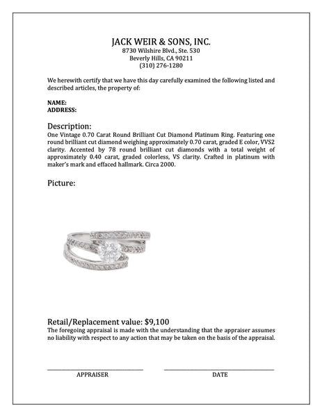 Vintage 0.70 Carat Round Brilliant Cut Diamond Platinum Ring Rings Jack Weir & Sons   