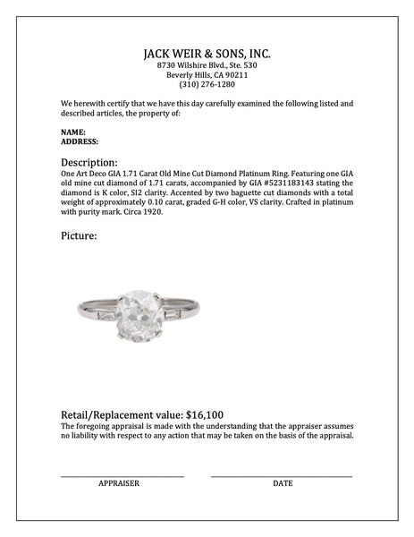 Art Deco GIA 1.71 Carat Old Mine Cut Diamond Platinum Ring Rings Jack Weir & Sons   