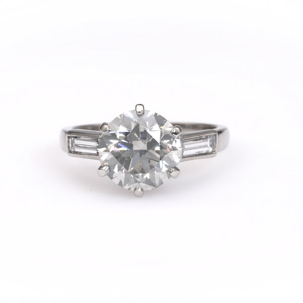 Mid-Century French GIA 3.08 Carat Round Brilliant Diamond Platinum Engagement Ring