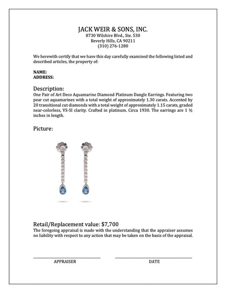Art Deco Aquamarine Diamond Platinum Dangle Earrings Earrings Jack Weir & Sons   