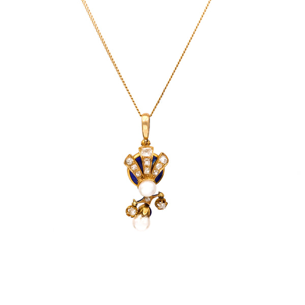 Victorian Diamond Pearl Guilloche Enamel 18k Yellow Gold Pendant