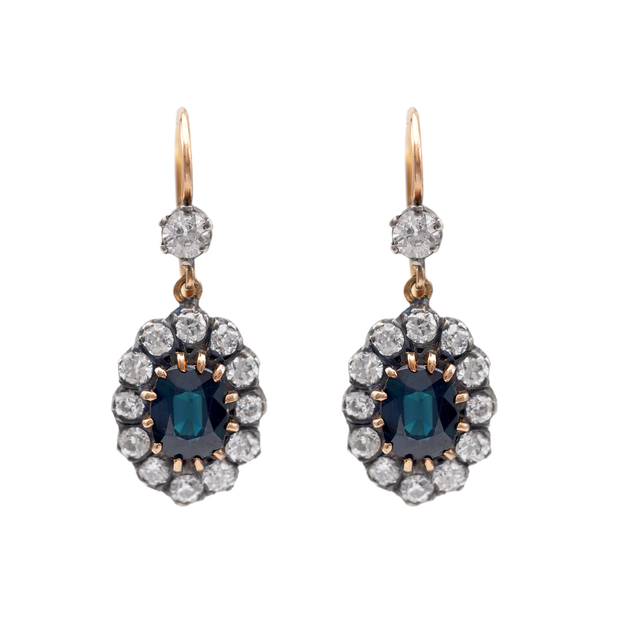 Pair of Antique Inspired Sapphire Diamond 18k Yellow Gold Silver Cluster Drop Earrings Earrings Jack Weir & Sons   