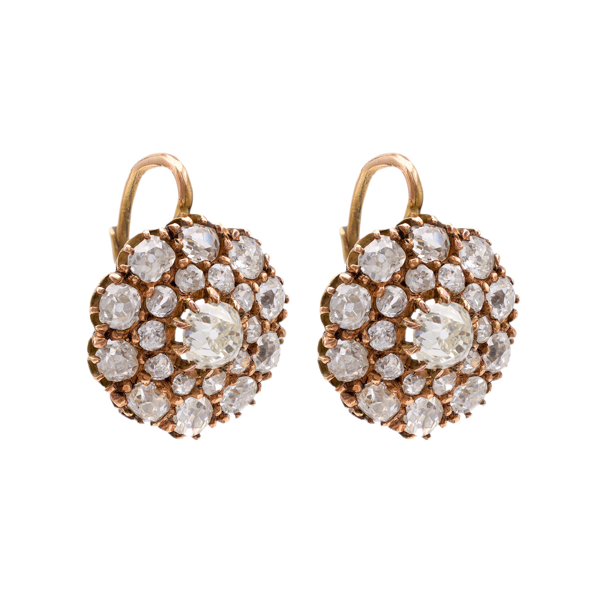Pair of Antique Inspired 4.47 Carat Total Weight Diamond 18k Yellow Gold Cluster Earrings Earrings Jack Weir & Sons   