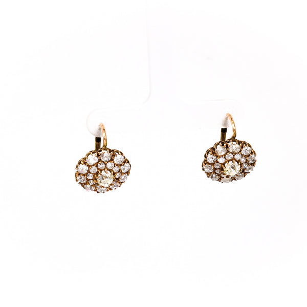 Pair of Antique Inspired 4.47 Carat Total Weight Diamond 18k Yellow Gold Cluster Earrings