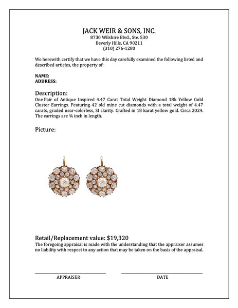 Pair of Antique Inspired 4.47 Carat Total Weight Diamond 18k Yellow Gold Cluster Earrings Earrings Jack Weir & Sons   