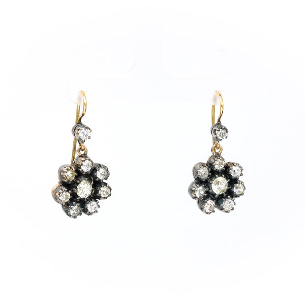 Antique Inspired Diamond 18k Yellow Gold Silver Cluster Drop Earrings