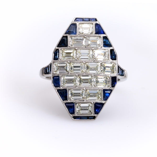 Art Deco Inspired Diamond Sapphire Platinum Dinner Ring