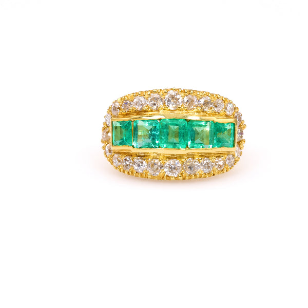 Vintage Emerald Diamond 18k Yellow Gold Ring