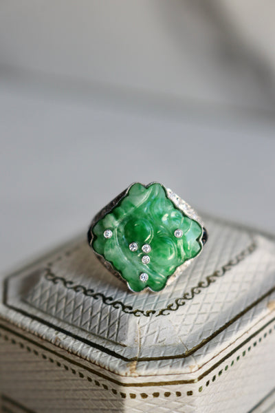 Art Deco Inspired Jade, Diamond, and Onyx Platinum Ring Rings Jack Weir & Sons   
