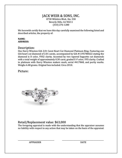 Harry Winston GIA 2.01 Carat Heart Cut Diamond Platinum Ring Rings Jack Weir & Sons   
