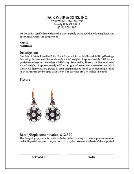 Pair of Estate Rose Cut Foiled Back Diamond Silver 14k Rose Gold Drop Earrings Earrings Jack Weir & Sons   