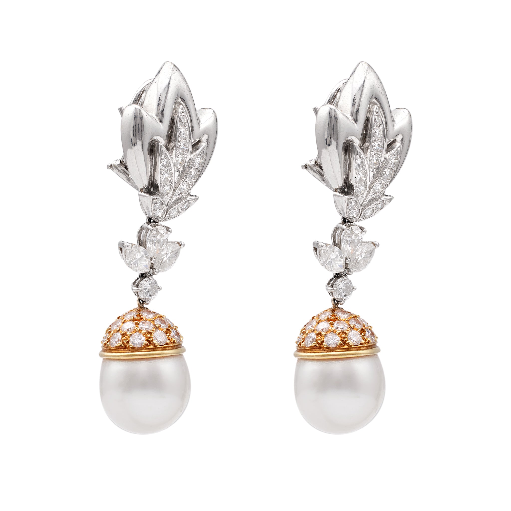 Pair of Vintage Pearl and Diamond 18k & 14k Gold Platinum Dangle Day to Night Earrings Earrings Jack Weir & Sons   