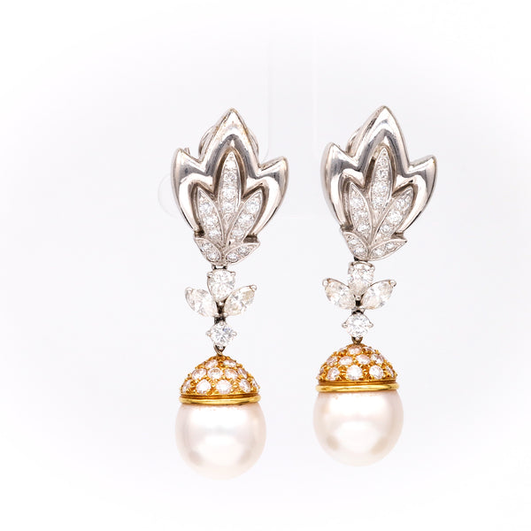 Pair of Vintage Pearl and Diamond 18k & 14k Gold Platinum Dangle Day to Night Earrings