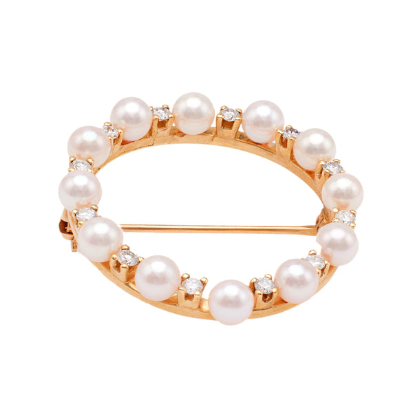 Vintage Pearl and Diamond 18k Yellow Gold Circle Brooch Brooches Jack Weir & Sons   