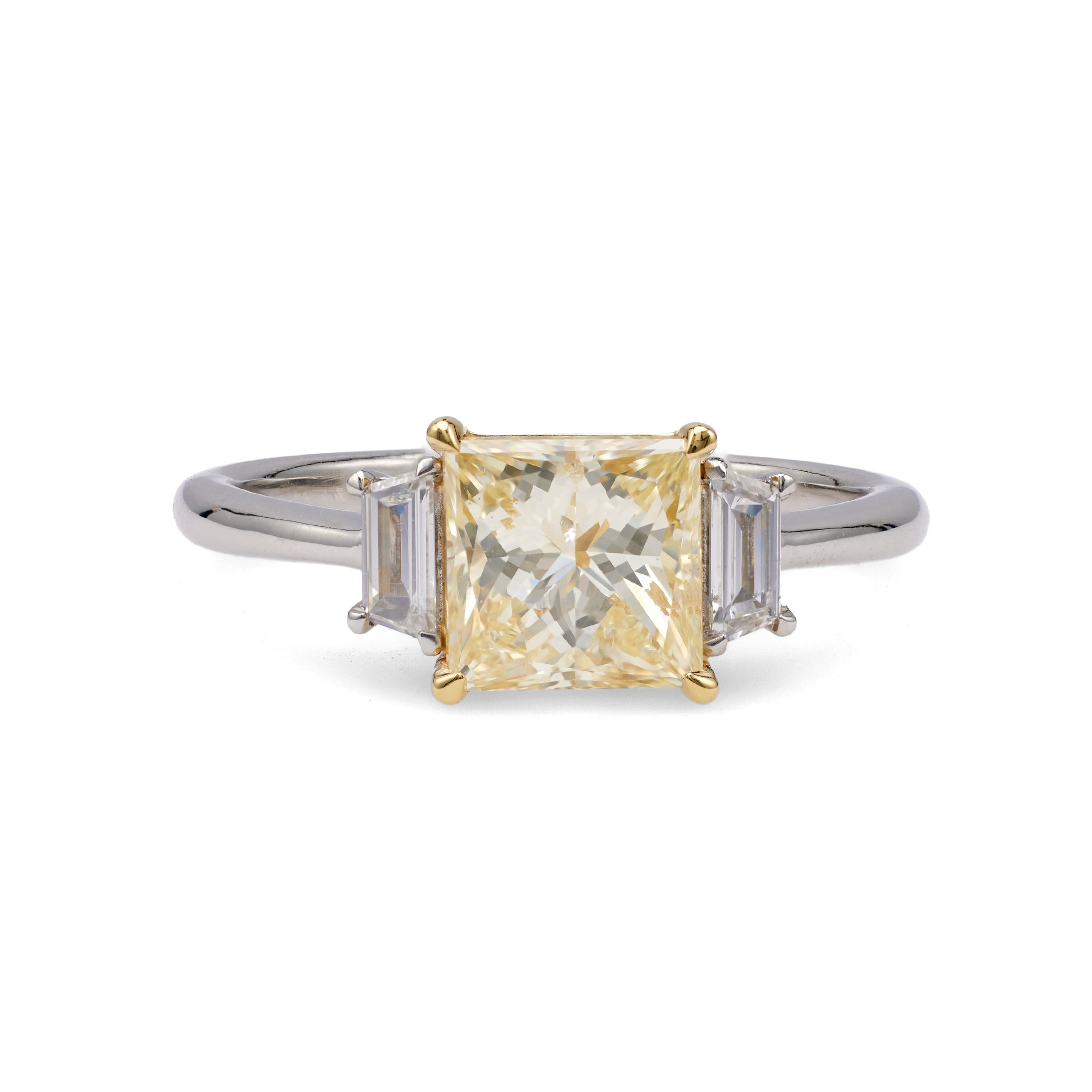 GIA 1.51 Carat Fancy Light Yellow Princess Cut Diamond Platinum 18k Yellow Gold Ring Rings Jack Weir & Sons   