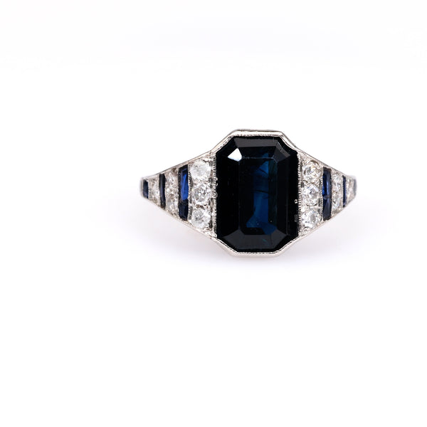 Art Deco French GIA 2.65 Carat Australian No Heat Sapphire Diamond 18k White Gold Platinum Ring