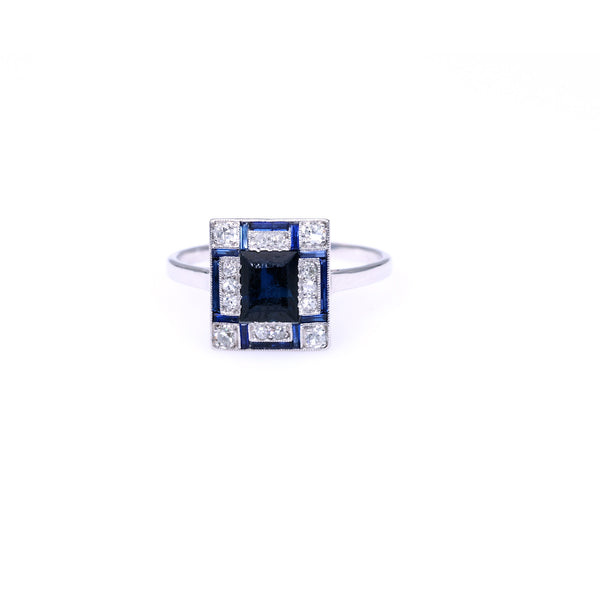 Art Deco Sapphire Diamond Platinum Geometric Ring
