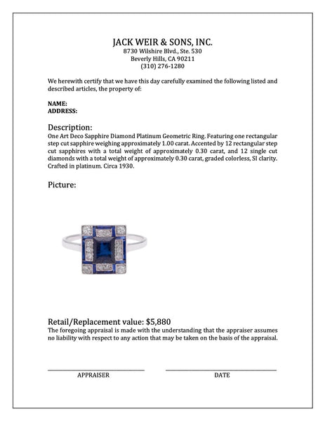 Art Deco Sapphire Diamond Platinum Geometric Ring Rings Jack Weir & Sons   