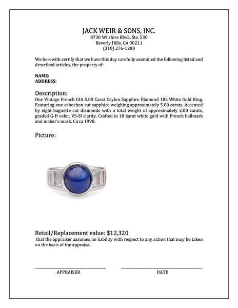 Vintage French GIA 5.00 Carat Ceylon Sapphire Diamond 18k White Gold Ring Rings Jack Weir & Sons   