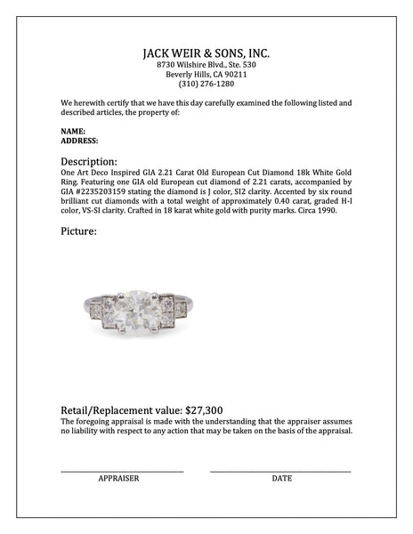 Art Deco Inspired GIA 2.21 Carat Old European Cut Diamond 18k White Gold Ring Rings Jack Weir & Sons   