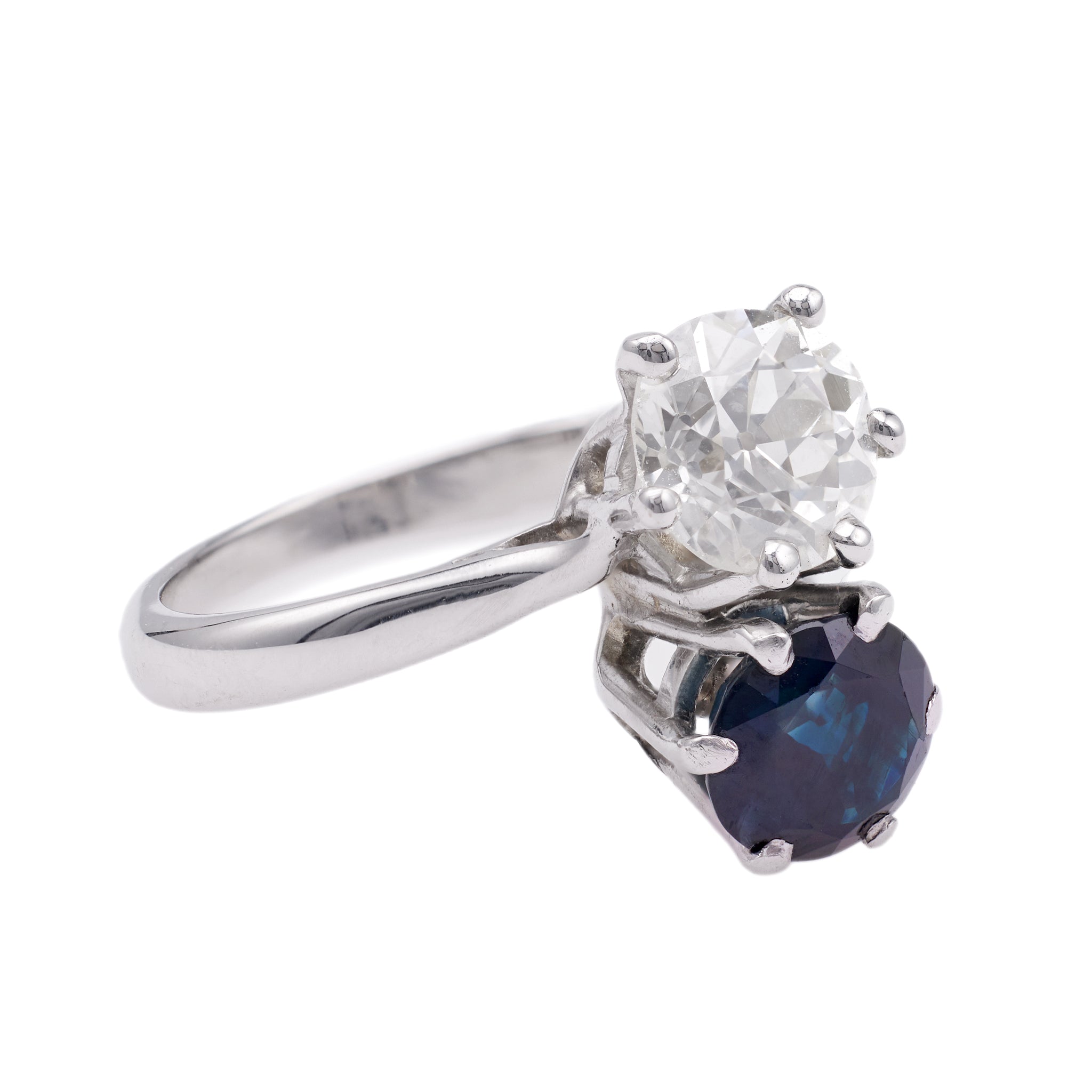 Mid-Century French Diamond and Sapphire 18k White Gold Toi et Moi Ring Rings Jack Weir & Sons   