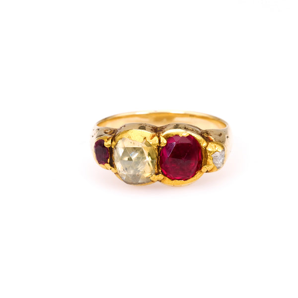 Late Victorian Diamond and Synthetic Ruby 14k Yellow Gold Ring
