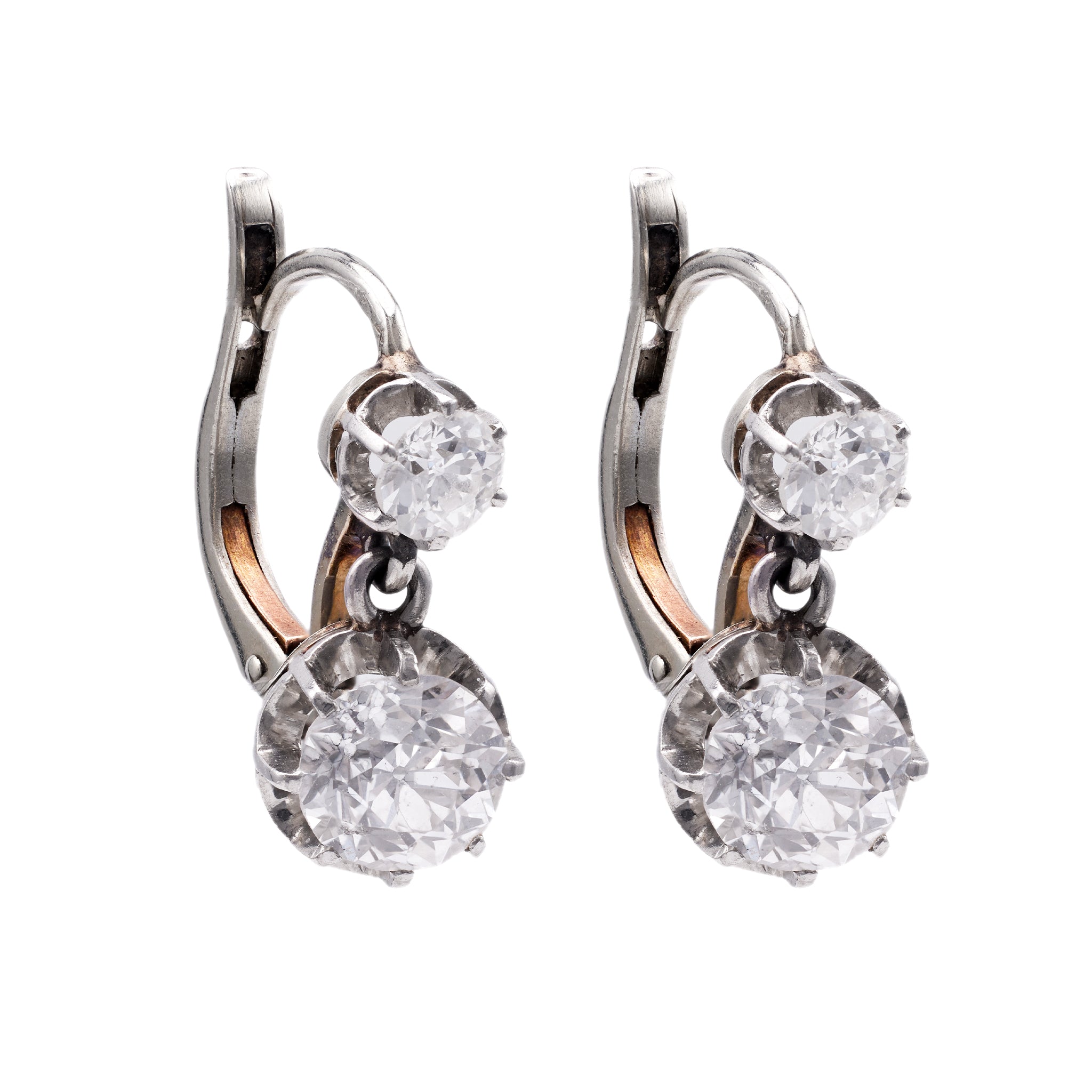 Pair of Belle Époque French 2.90 Carat Total Weight Diamond Platinum 18k Gold Drop Earrings Earrings Jack Weir & Sons   