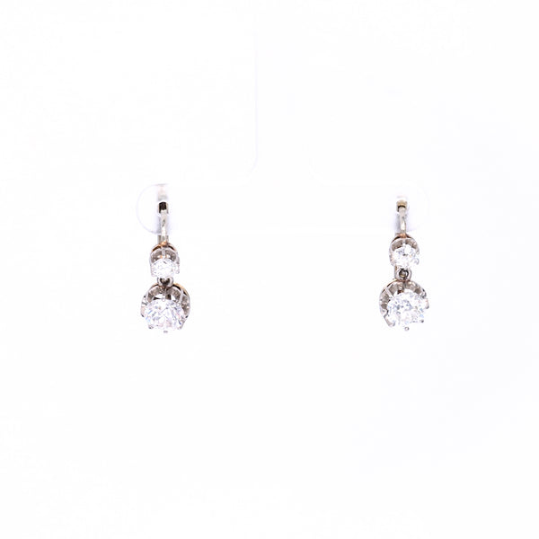 Pair of Belle Époque French 2.90 Carat Total Weight Diamond Platinum 18k Gold Drop Earrings
