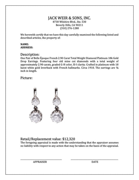 Pair of Belle Époque French 2.90 Carat Total Weight Diamond Platinum 18k Gold Drop Earrings Earrings Jack Weir & Sons   