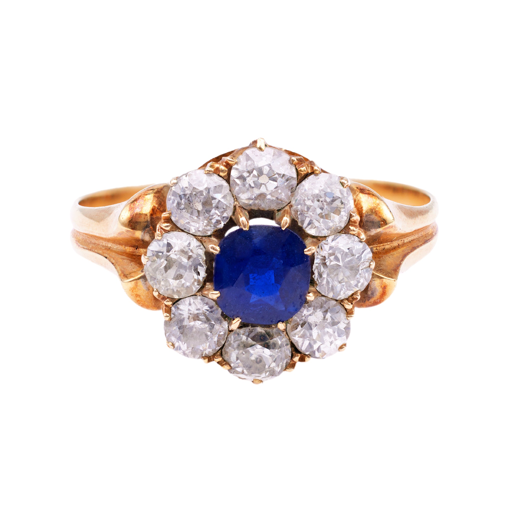 Antique Sapphire and Diamond 18k Yellow Gold Cluster Ring Rings Jack Weir & Sons   