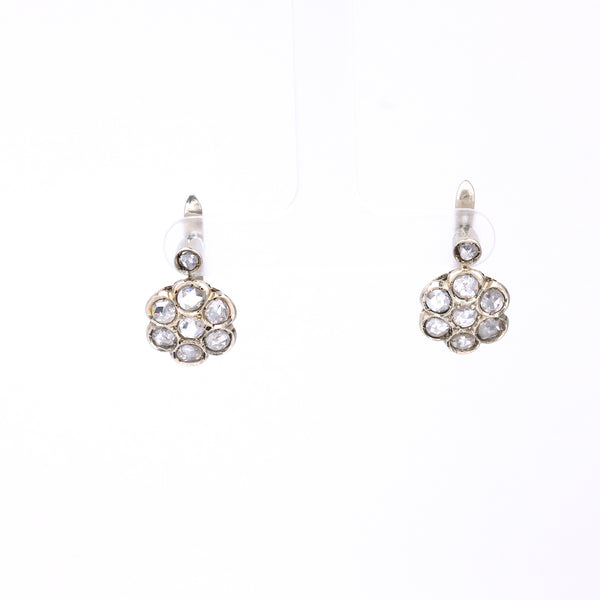 Pair of Retro Rose Cut Diamond 18k White Gold Cluster Earrings