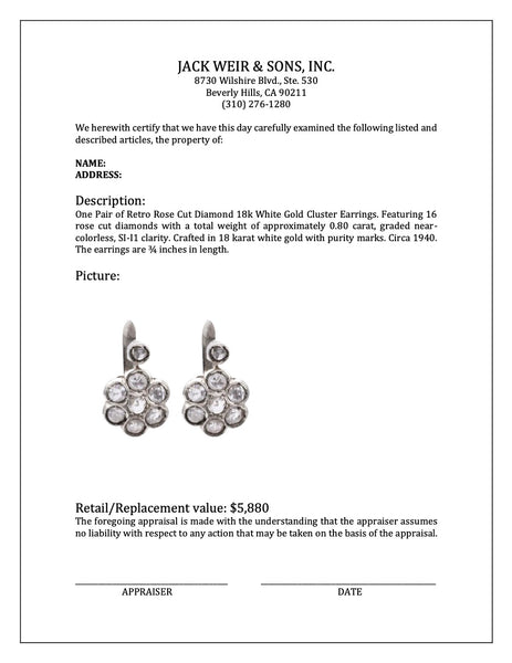 Pair of Retro Rose Cut Diamond 18k White Gold Cluster Earrings Earrings Jack Weir & Sons   