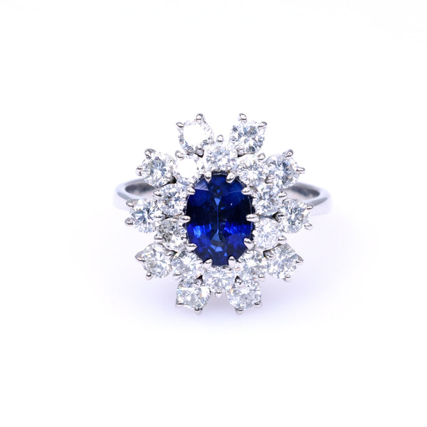 Vintage Sapphire Diamond 18k White Gold Cluster Ring