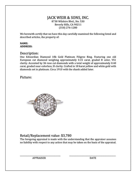 Edwardian Diamond 18k Gold Platinum Filigree Ring Rings Jack Weir & Sons   