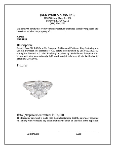 Art Deco GIA 4.02 Carat Old European Cut Diamond Platinum Ring Rings Jack Weir & Sons   