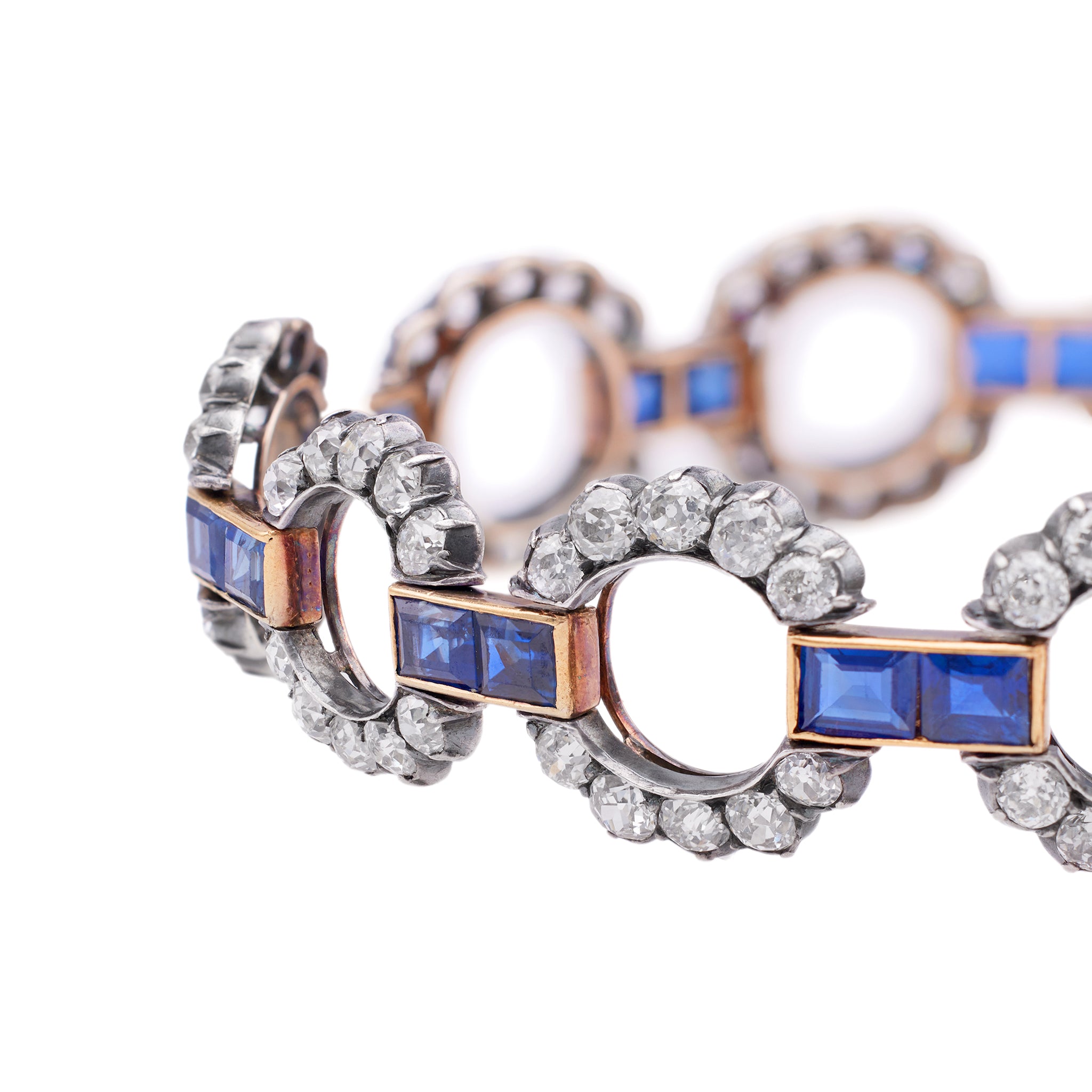 Antique French Diamond and Sapphire Silver 14k Yellow Gold Link Bracelet Bracelets Jack Weir & Sons   