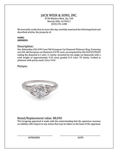Edwardian GIA 0.99 Carat Old European Cut Diamond Platinum Ring Rings Jack Weir & Sons   