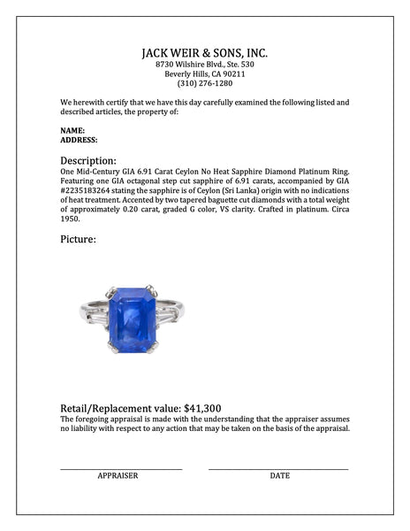 Mid-Century GIA 6.91 Carat Ceylon No Heat Sapphire Diamond Platinum Ring Rings Jack Weir & Sons   