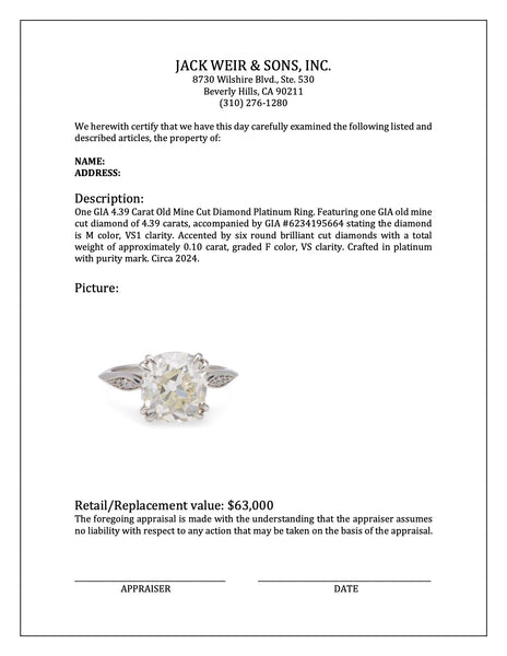 GIA 4.39 Carat Old Mine Cut Diamond Platinum Ring Rings Jack Weir & Sons   