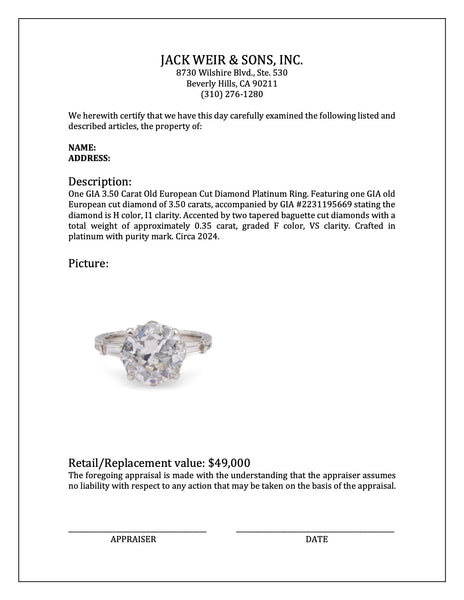 GIA 3.50 Carat Old European Cut Diamond Platinum Ring Rings Jack Weir & Sons   
