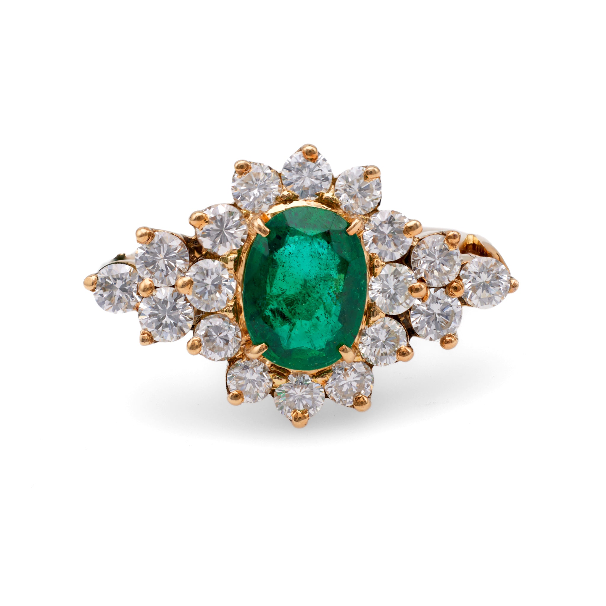 Vintage 1.31 Carat Emerald and Diamond 18k Yellow Gold Cluster Ring Rings Jack Weir & Sons   