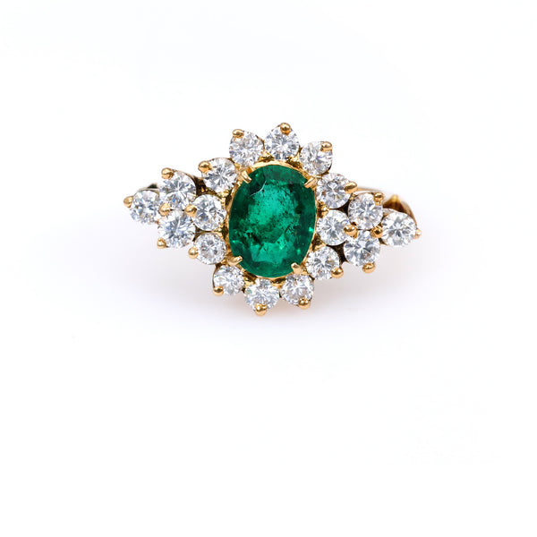 Vintage 1.31 Carat Emerald and Diamond 18k Yellow Gold Cluster Ring