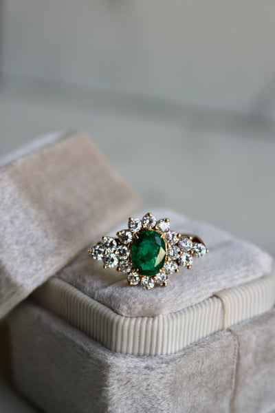 Vintage 1.31 Carat Emerald and Diamond 18k Yellow Gold Cluster Ring Rings Jack Weir & Sons   