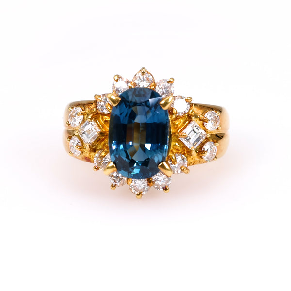 Vintage GIA 2.70 Carat Thai Sapphire Diamond 18k Yellow Gold Ring