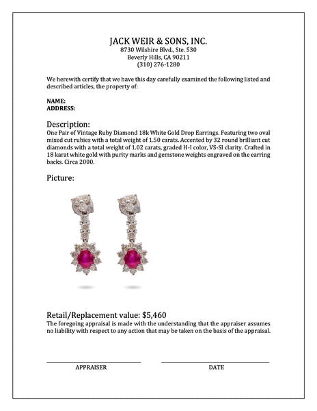 Pair of Vintage Ruby Diamond 18k White Gold Drop Earrings Earrings Jack Weir & Sons   