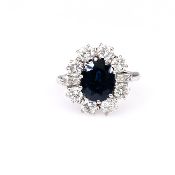Vintage English Sapphire Diamond 18k White Gold Cluster Ring