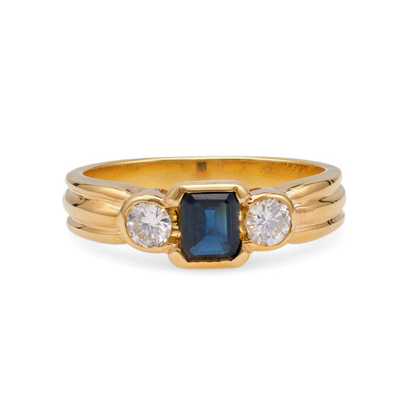Vintage Italian Sapphire Diamond 18k Yellow Gold Three Stone Ring Rings Jack Weir & Sons   