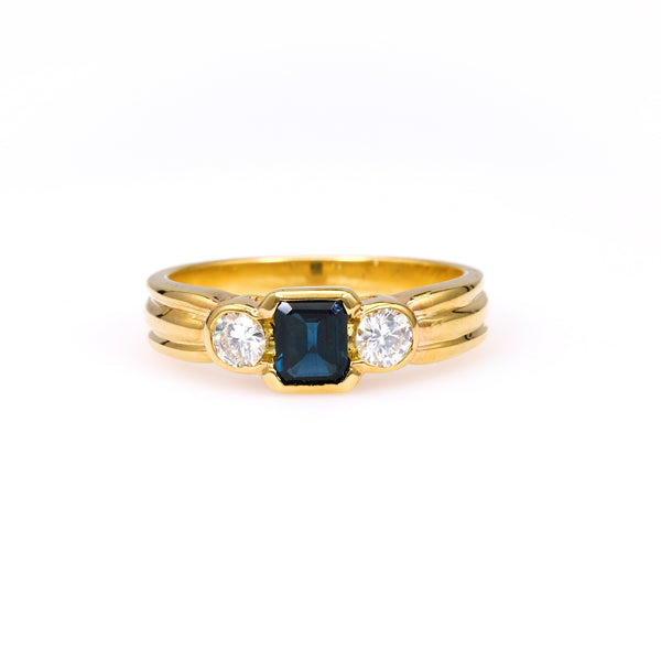 Vintage Italian Sapphire Diamond 18k Yellow Gold Three Stone Ring